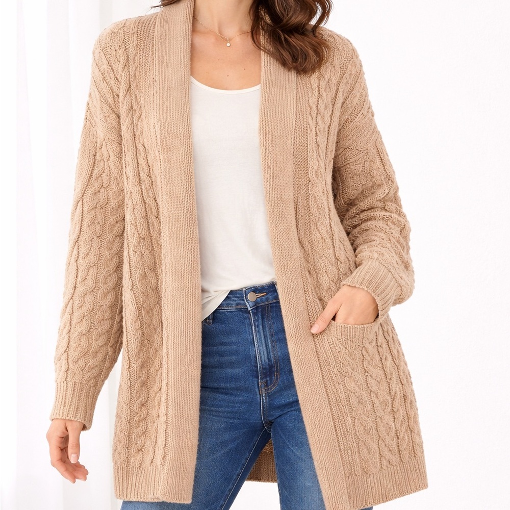 BCBG Cable‎ Knit open front Cardigan - Beige M